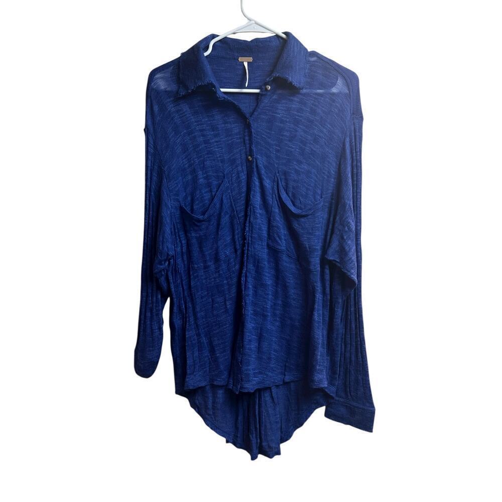 Free People Beach Coverup Medium Blue Tunic Semi Sheer Button Up